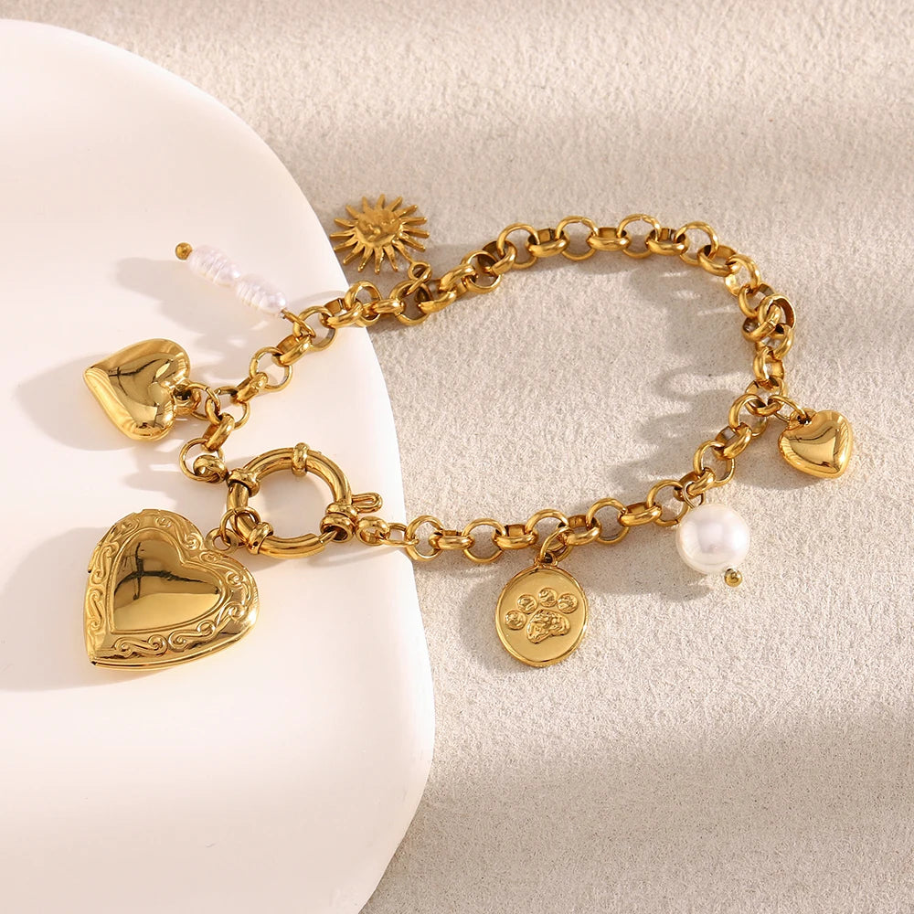 Ebbelle exclusivo redondo primavera fivela sol coração foto caixa pingente pulseira pvd banhado a aço inoxidável moda feminina chique jóias