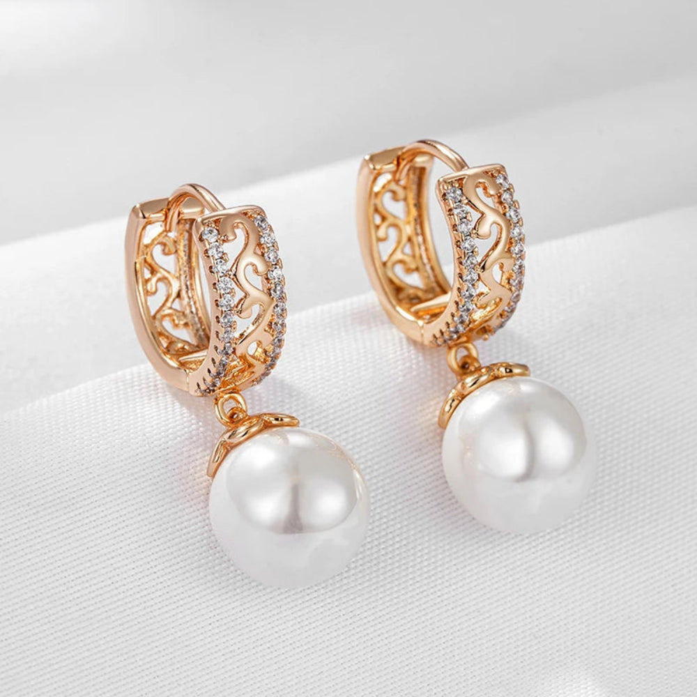 Brincos Luxo 585 Ouro Rosa com Pérolas e Zircão