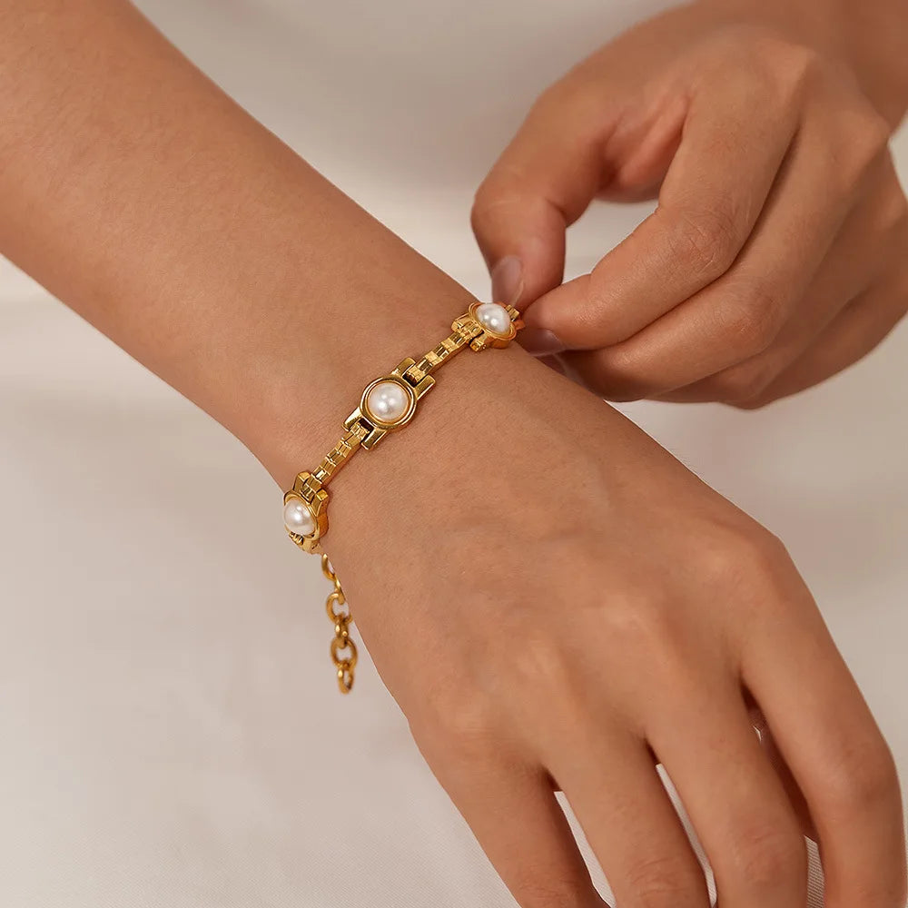 Uworld vintage pérola corrente pulseira 18k banhado a ouro aço inoxidável pérola empilhável pulseira jóias femininas
