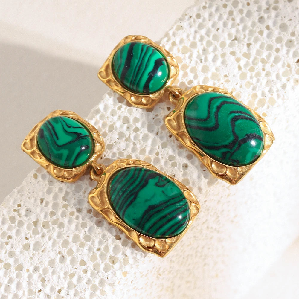 Ebbelle design especial oval malaquita pedra pingente brincos 18k banhado a ouro aço inoxidável feminino jóias de declaração