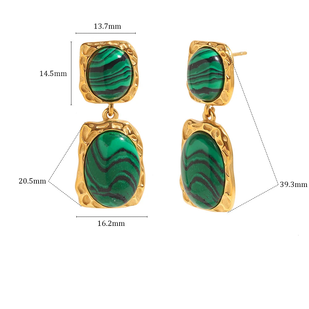 Ebbelle design especial oval malaquita pedra pingente brincos 18k banhado a ouro aço inoxidável feminino jóias de declaração