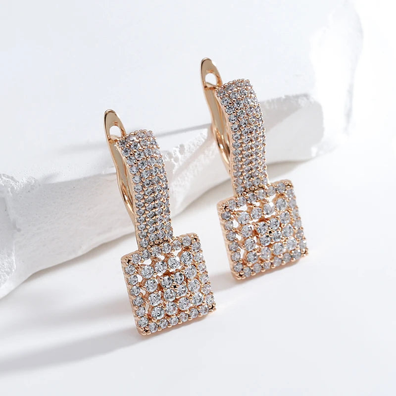 Kienl quente completo natural zircão festa diária grande brinco para mulher 585 rosa cor de ouro quadrado étnico noiva vintage jóias de casamento
