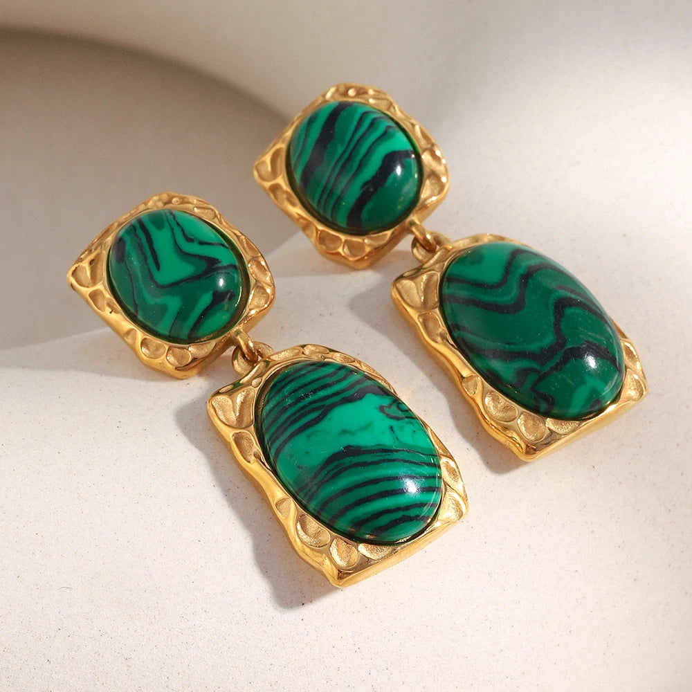 Ebbelle design especial oval malaquita pedra pingente brincos 18k banhado a ouro aço inoxidável feminino jóias de declaração
