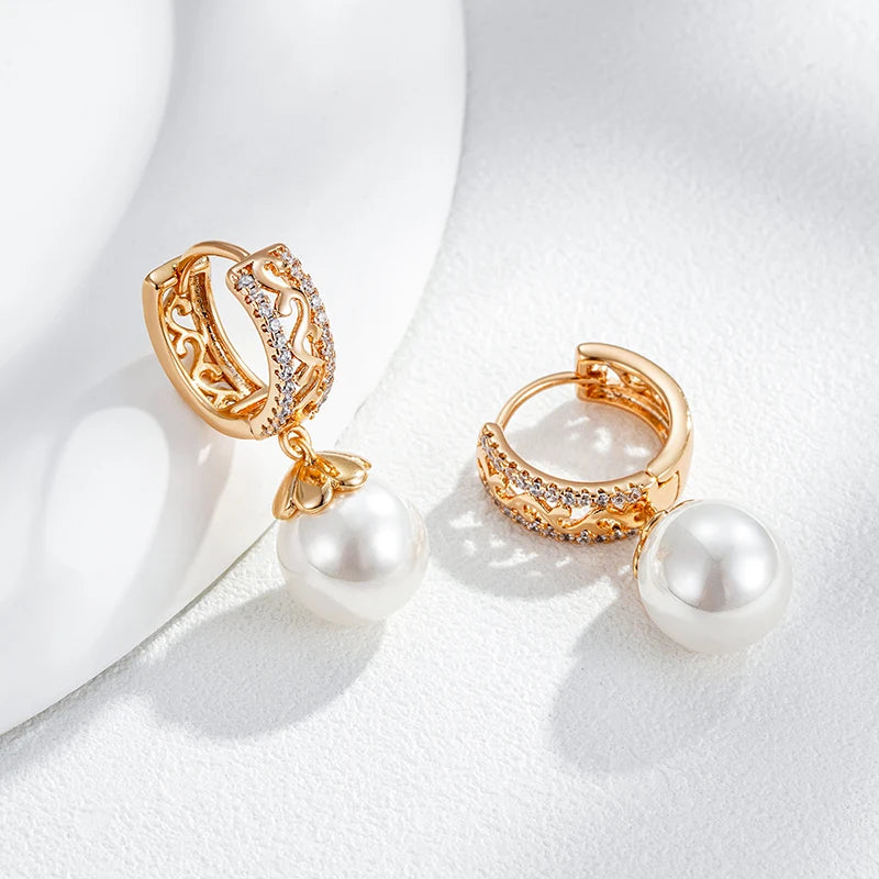 Brincos Luxo 585 Ouro Rosa com Pérolas e Zircão