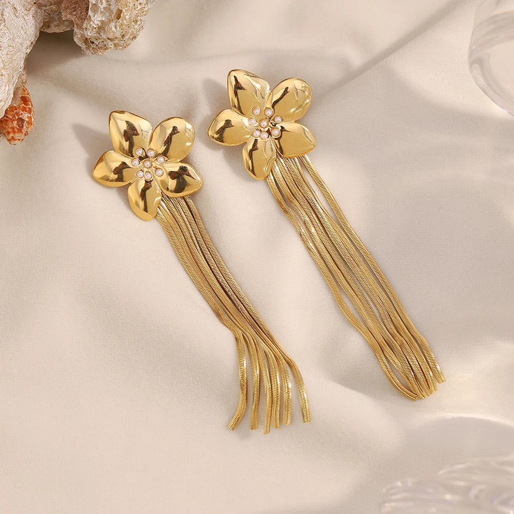 Brincos Florais de Borla Banhados a Ouro 18K