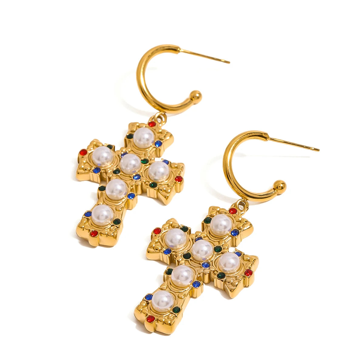 Brincos Cruz Zircão Colorido com Pérola em Ouro 18K