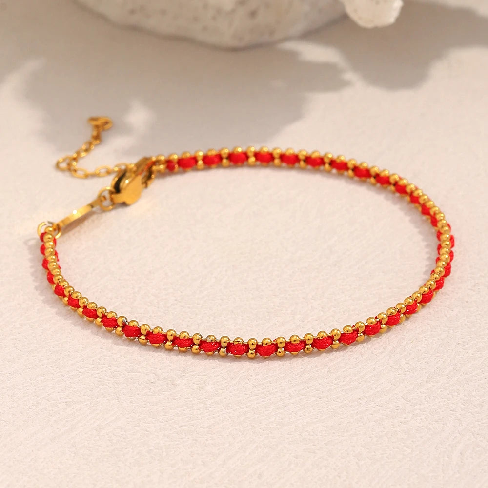 Ebbelle Lucky Red Color Corda Redonda Beads Pulseira 18K Banhado A Ouro Aço Inoxidável Mulheres Homens Moda Jóias Presentes