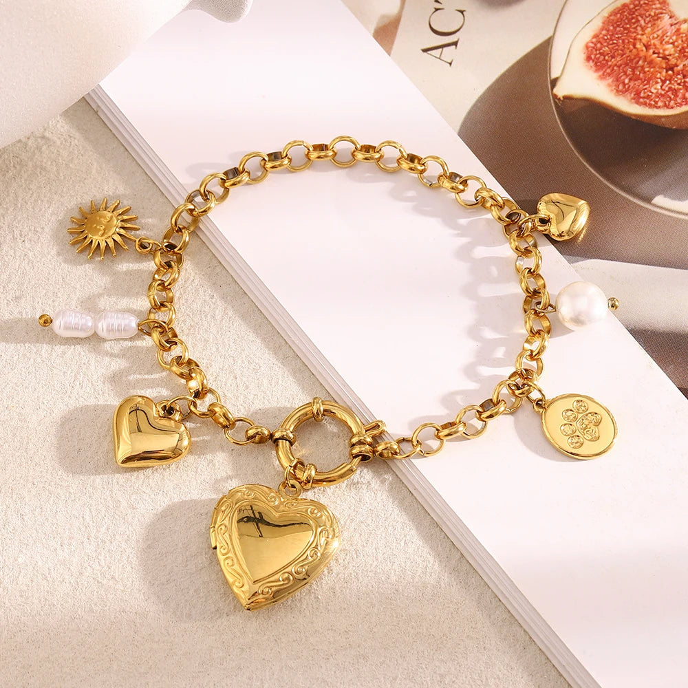 Ebbelle exclusivo redondo primavera fivela sol coração foto caixa pingente pulseira pvd banhado a aço inoxidável moda feminina chique jóias