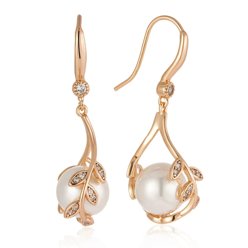 Brincos longos de pérolas Kinel Hot feminino, na moda 585 cor de ouro rosa, zircão natural, flor vintage, festa, joias diárias finas