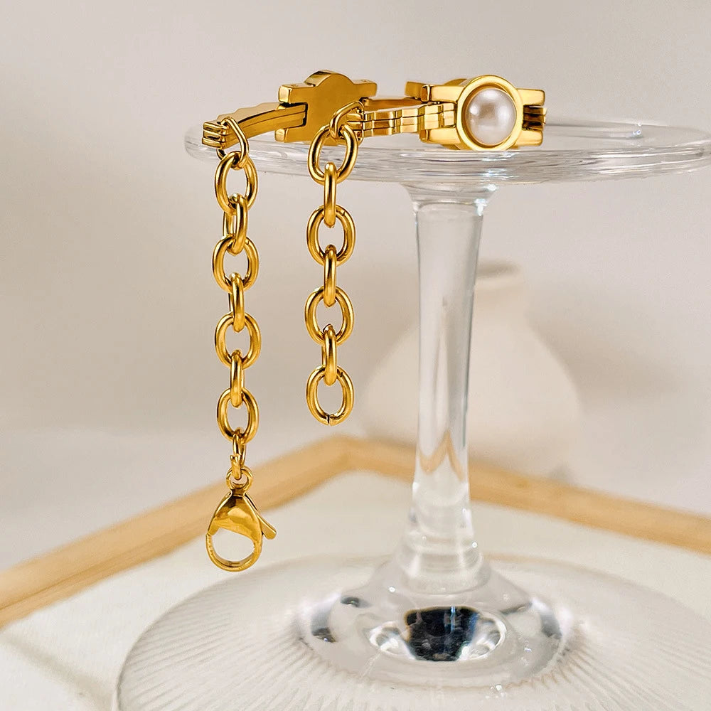 Uworld vintage pérola corrente pulseira 18k banhado a ouro aço inoxidável pérola empilhável pulseira jóias femininas