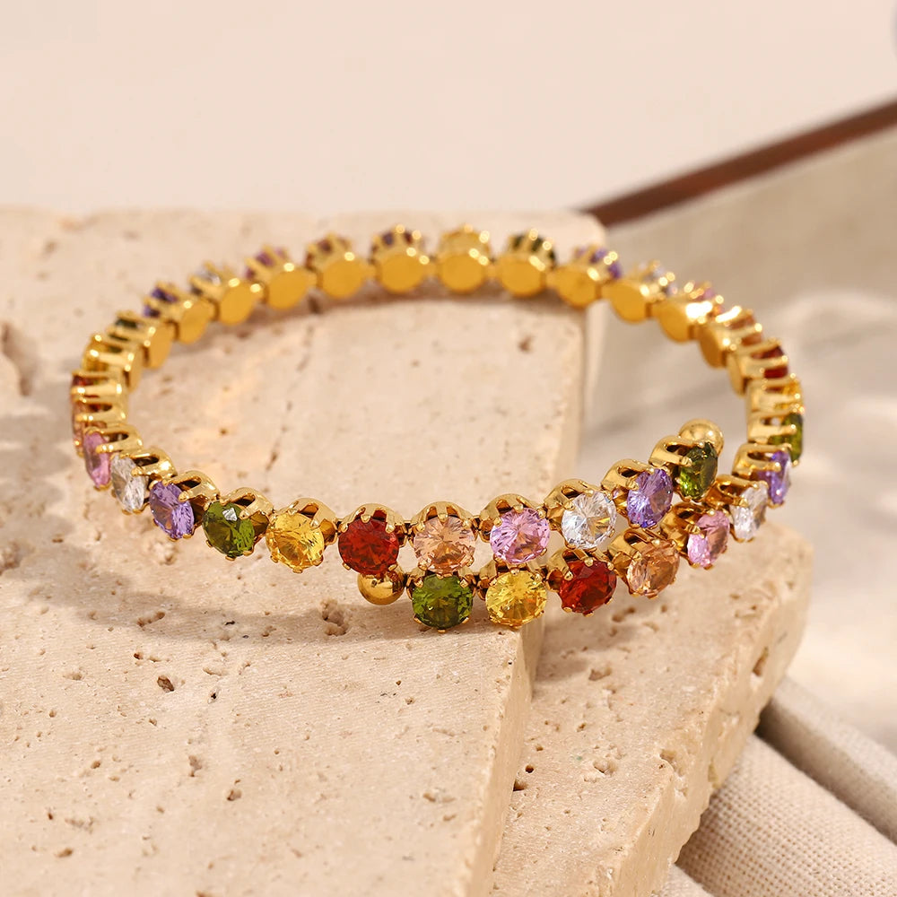 Pulseira Luxuosa de Zircão Multicolorido Banhada a Ouro