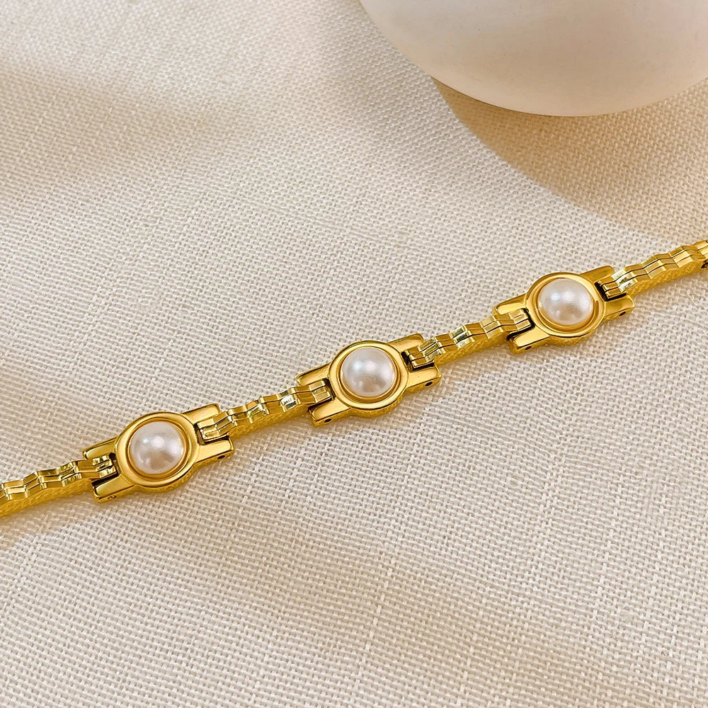 Uworld vintage pérola corrente pulseira 18k banhado a ouro aço inoxidável pérola empilhável pulseira jóias femininas