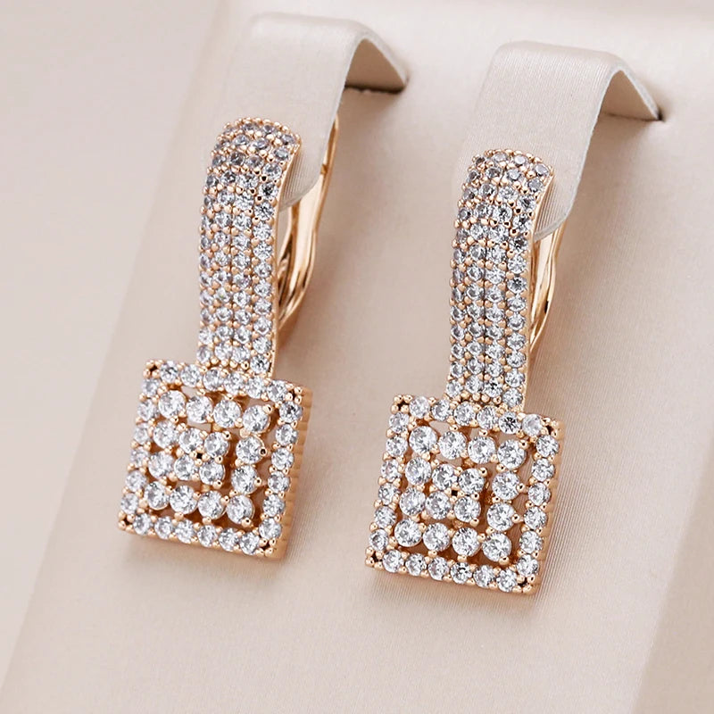 Kienl quente completo natural zircão festa diária grande brinco para mulher 585 rosa cor de ouro quadrado étnico noiva vintage jóias de casamento