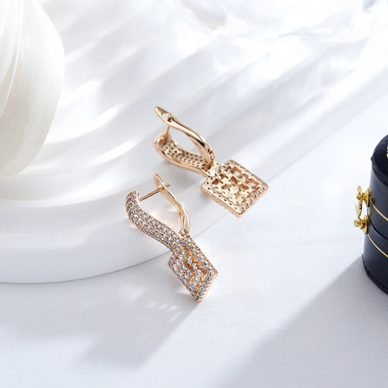 Kienl quente completo natural zircão festa diária grande brinco para mulher 585 rosa cor de ouro quadrado étnico noiva vintage jóias de casamento