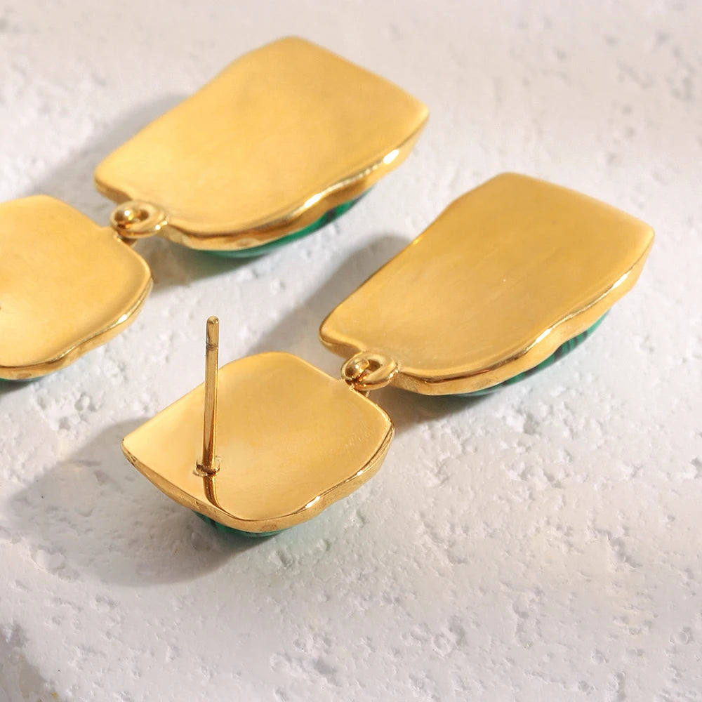 Ebbelle design especial oval malaquita pedra pingente brincos 18k banhado a ouro aço inoxidável feminino jóias de declaração