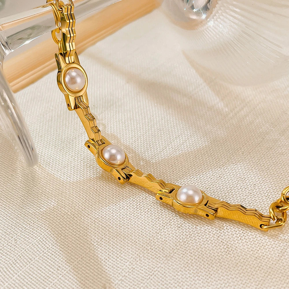 Uworld vintage pérola corrente pulseira 18k banhado a ouro aço inoxidável pérola empilhável pulseira jóias femininas