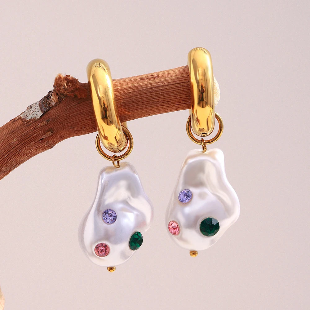 Eb,belle PVD banhado a aço inoxidável colorido strass imitação de pérola pingente brincos para festa estilo elegante joias femininas