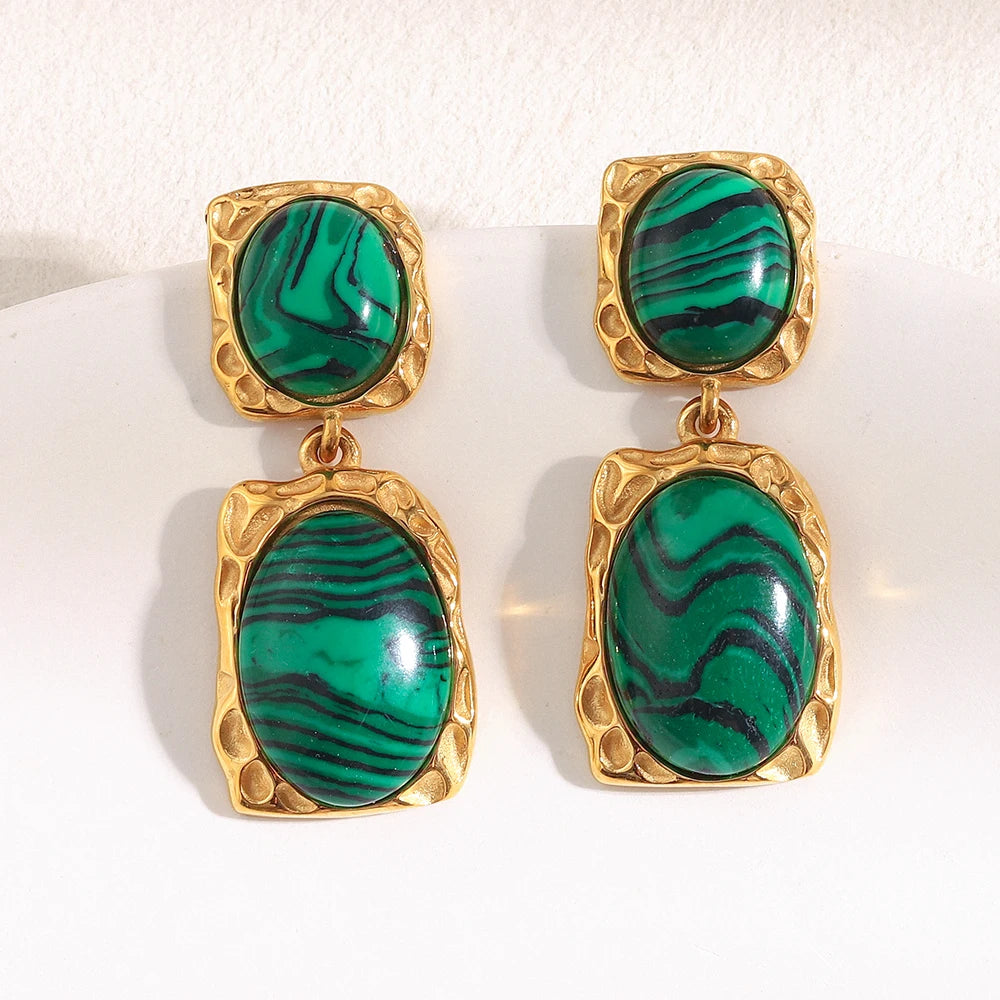 Ebbelle design especial oval malaquita pedra pingente brincos 18k banhado a ouro aço inoxidável feminino jóias de declaração