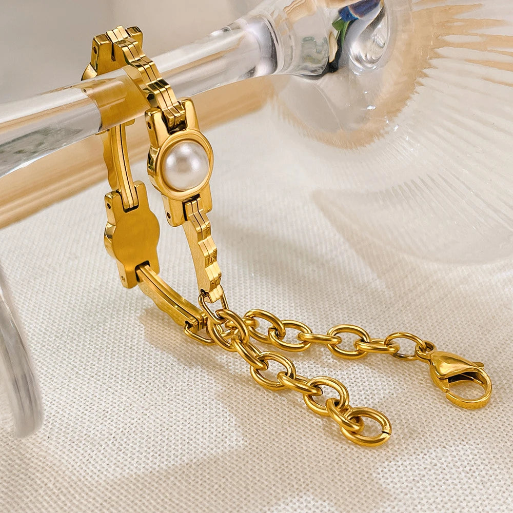 Uworld vintage pérola corrente pulseira 18k banhado a ouro aço inoxidável pérola empilhável pulseira jóias femininas