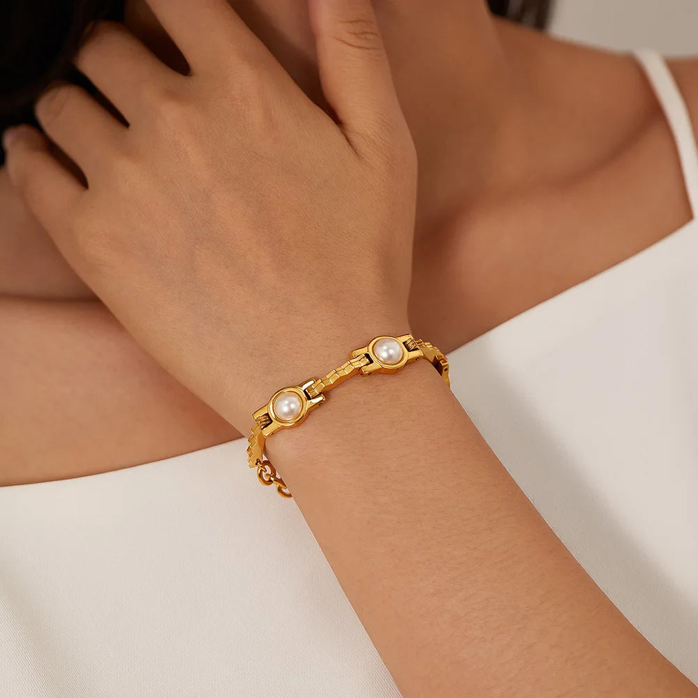 Uworld vintage pérola corrente pulseira 18k banhado a ouro aço inoxidável pérola empilhável pulseira jóias femininas