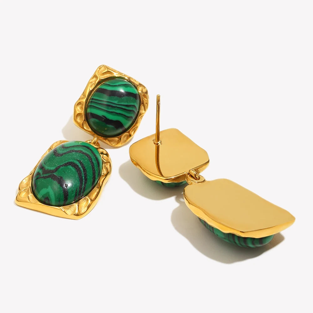 Ebbelle design especial oval malaquita pedra pingente brincos 18k banhado a ouro aço inoxidável feminino jóias de declaração