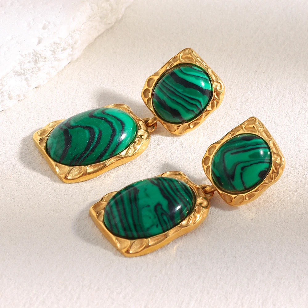 Ebbelle design especial oval malaquita pedra pingente brincos 18k banhado a ouro aço inoxidável feminino jóias de declaração