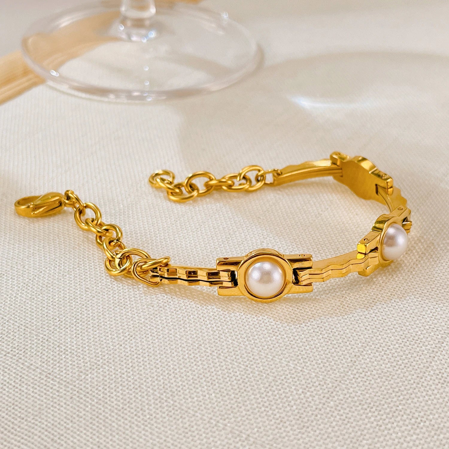 Uworld vintage pérola corrente pulseira 18k banhado a ouro aço inoxidável pérola empilhável pulseira jóias femininas