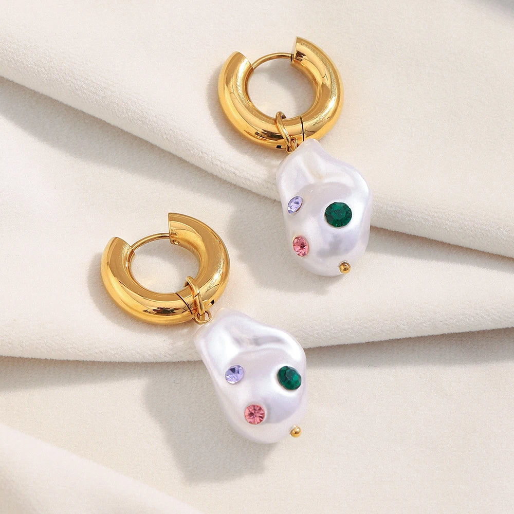 Eb,belle PVD banhado a aço inoxidável colorido strass imitação de pérola pingente brincos para festa estilo elegante joias femininas