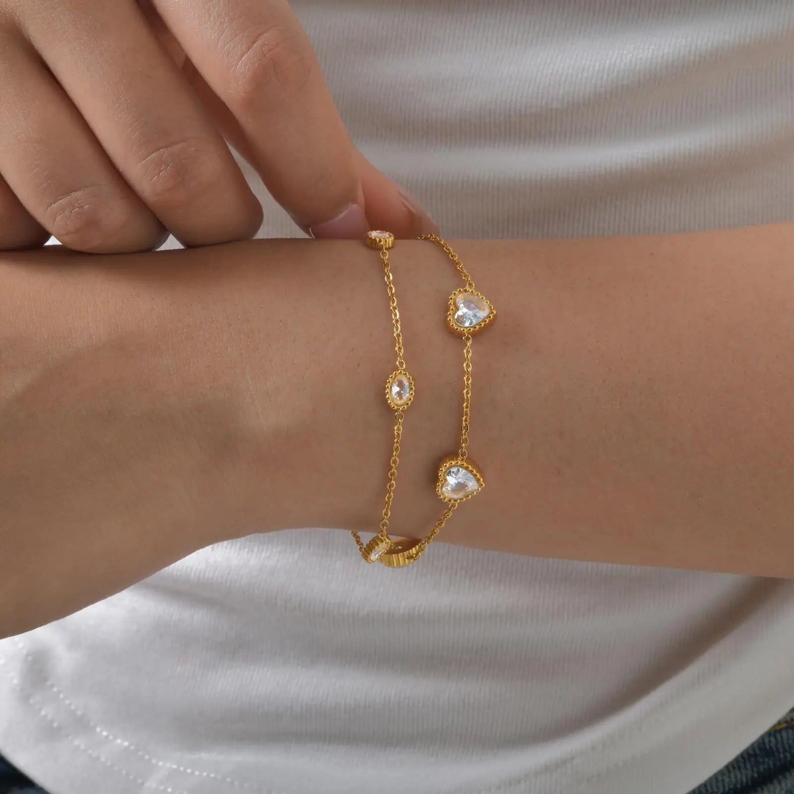 Pulseira de Zircônia Estrela e Coração em Camadas