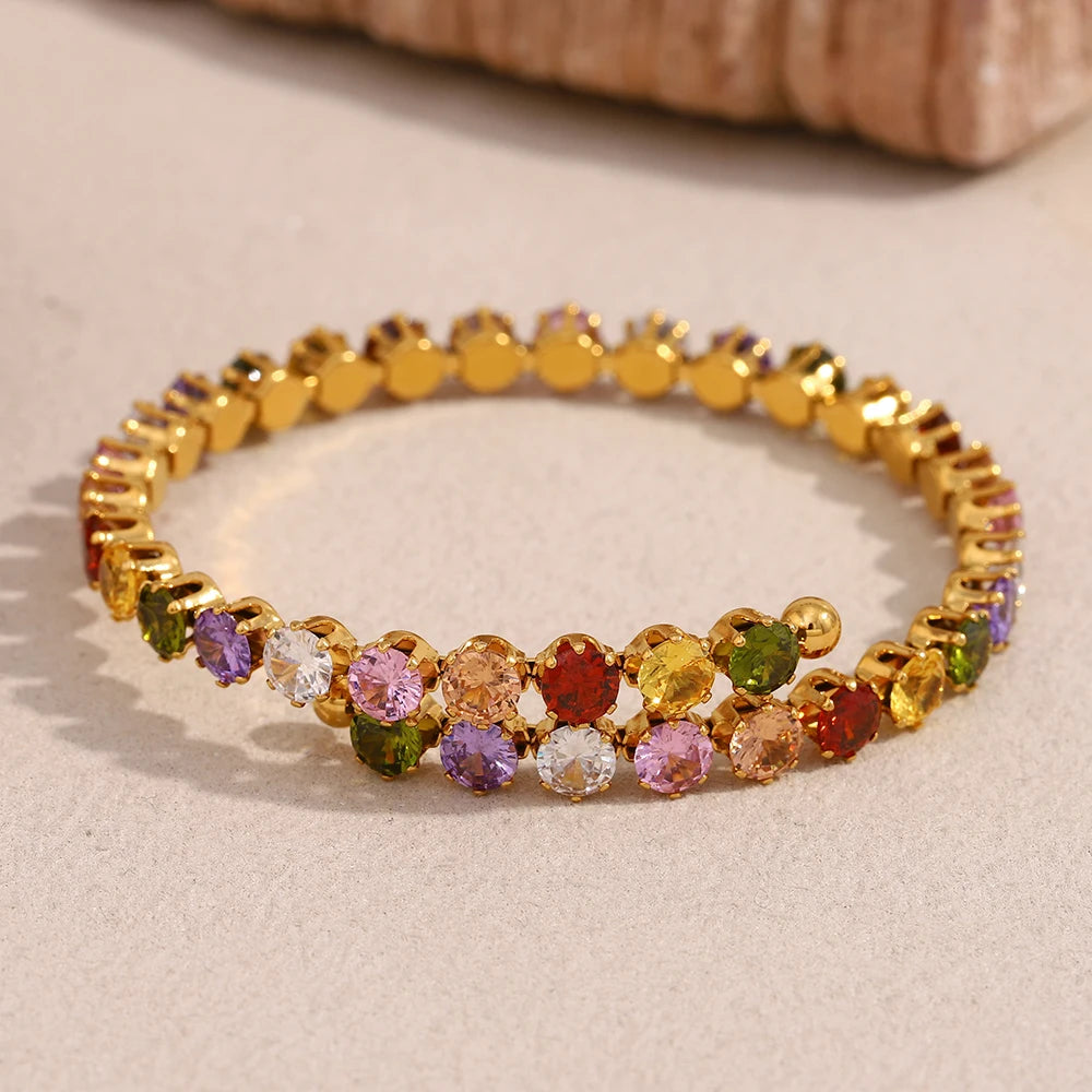 Pulseira Luxuosa de Zircão Multicolorido Banhada a Ouro