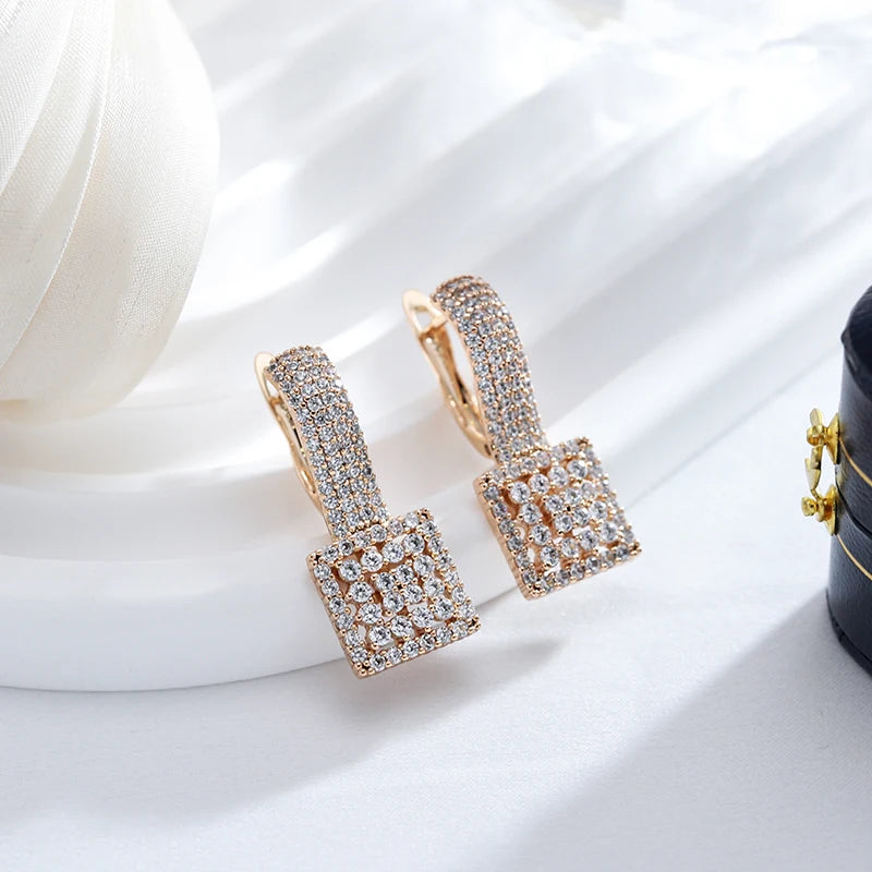 Kienl quente completo natural zircão festa diária grande brinco para mulher 585 rosa cor de ouro quadrado étnico noiva vintage jóias de casamento