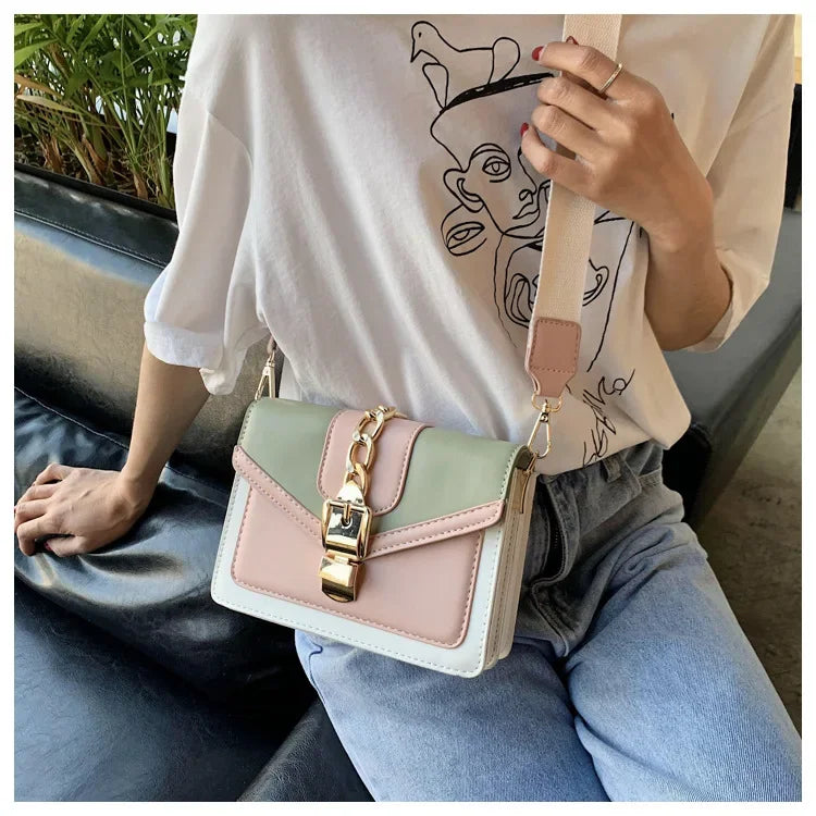 Moda corrente senhora estilingue saco com painéis cor couro do plutônio crossbody saco para as mulheres 2025 nova alça larga ombro saco do mensageiro senhoras