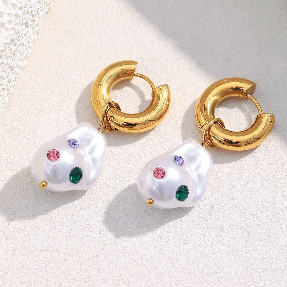 Eb,belle PVD banhado a aço inoxidável colorido strass imitação de pérola pingente brincos para festa estilo elegante joias femininas