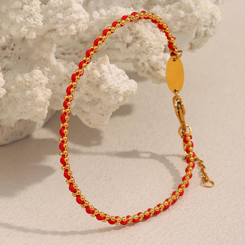 Ebbelle Lucky Red Color Corda Redonda Beads Pulseira 18K Banhado A Ouro Aço Inoxidável Mulheres Homens Moda Jóias Presentes