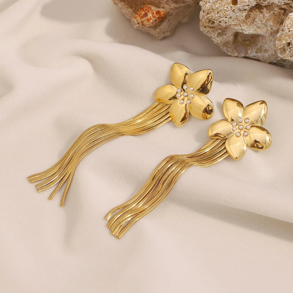 Brincos Florais de Borla Banhados a Ouro 18K