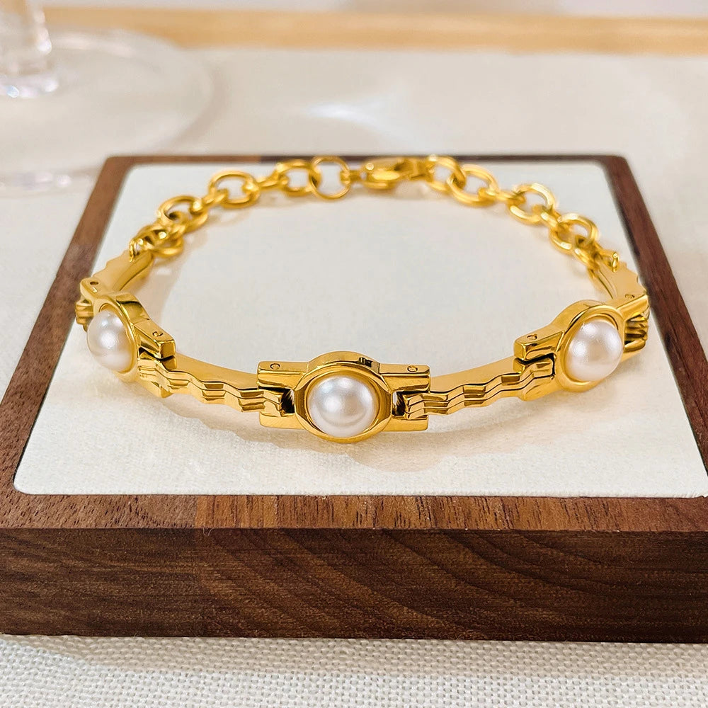 Uworld vintage pérola corrente pulseira 18k banhado a ouro aço inoxidável pérola empilhável pulseira jóias femininas