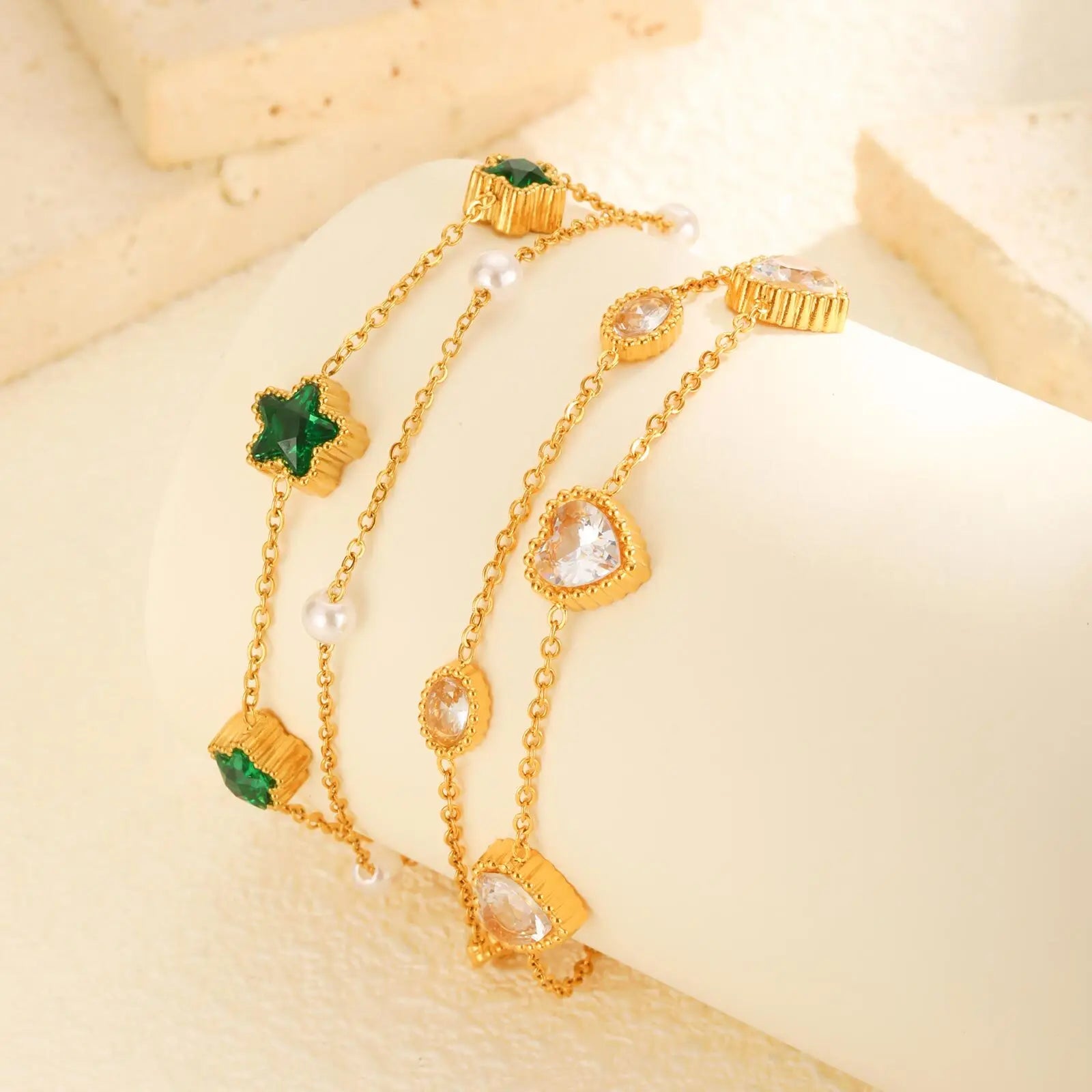 Pulseira de Zircônia Estrela e Coração em Camadas