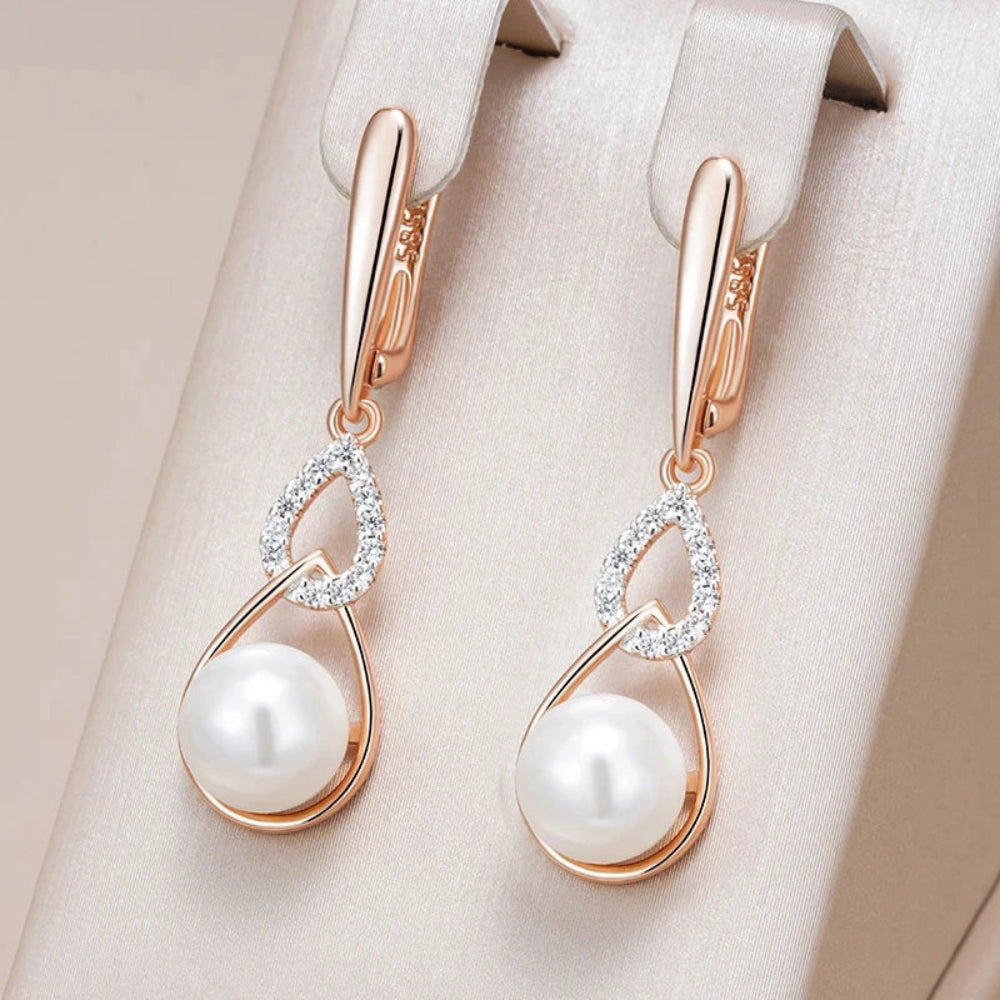 Brincos Longos de Pérola com Ouro Rosa 585 e Zircônia