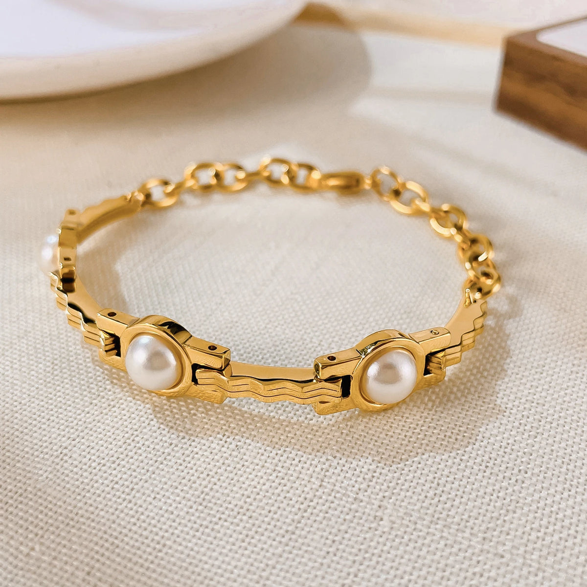 Uworld vintage pérola corrente pulseira 18k banhado a ouro aço inoxidável pérola empilhável pulseira jóias femininas