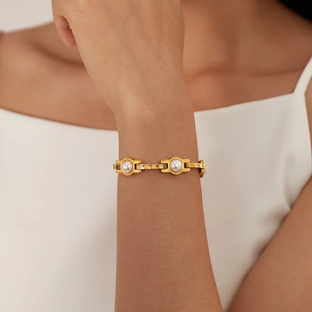 Uworld vintage pérola corrente pulseira 18k banhado a ouro aço inoxidável pérola empilhável pulseira jóias femininas