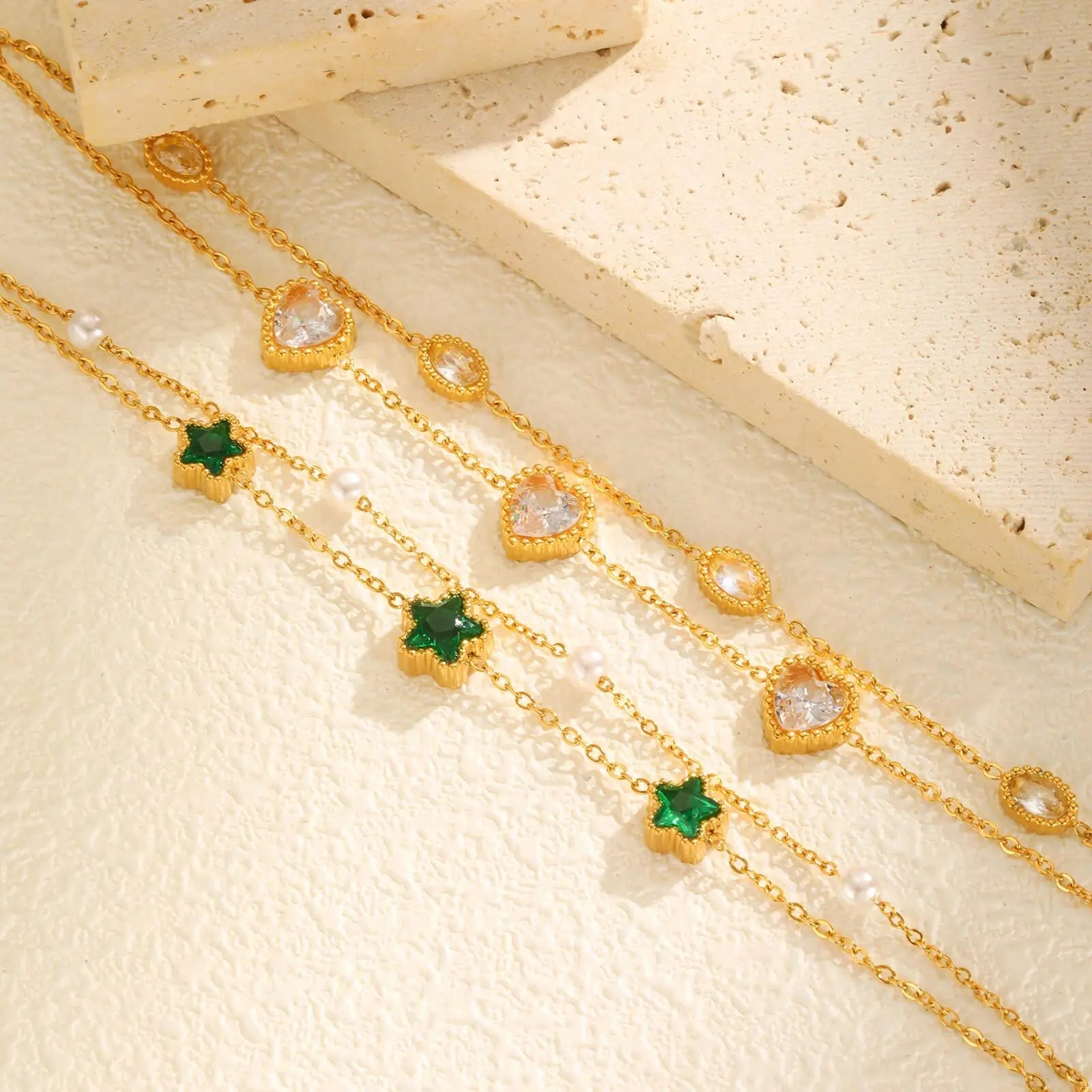 Pulseira de Zircônia Estrela e Coração em Camadas