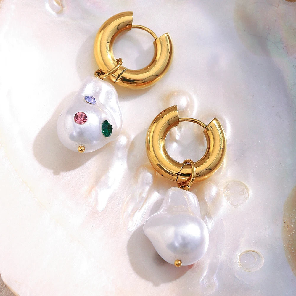 Eb,belle PVD banhado a aço inoxidável colorido strass imitação de pérola pingente brincos para festa estilo elegante joias femininas