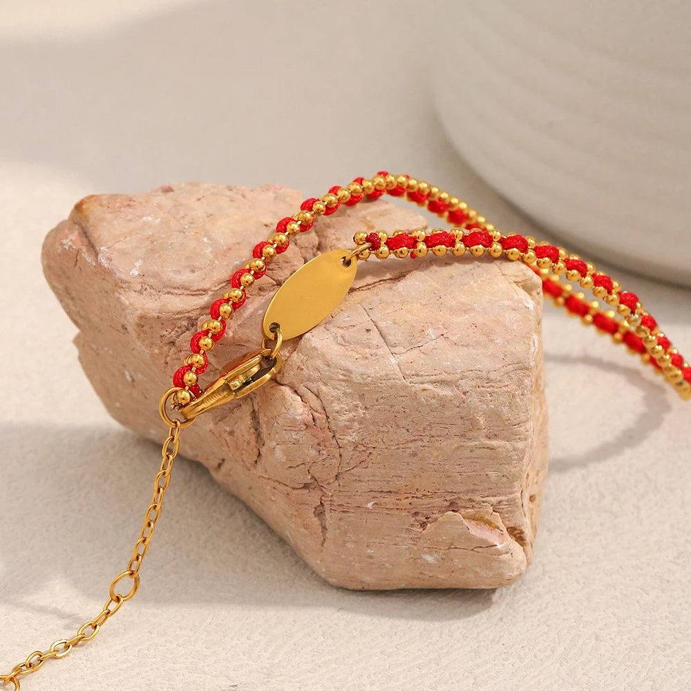 Ebbelle Lucky Red Color Corda Redonda Beads Pulseira 18K Banhado A Ouro Aço Inoxidável Mulheres Homens Moda Jóias Presentes