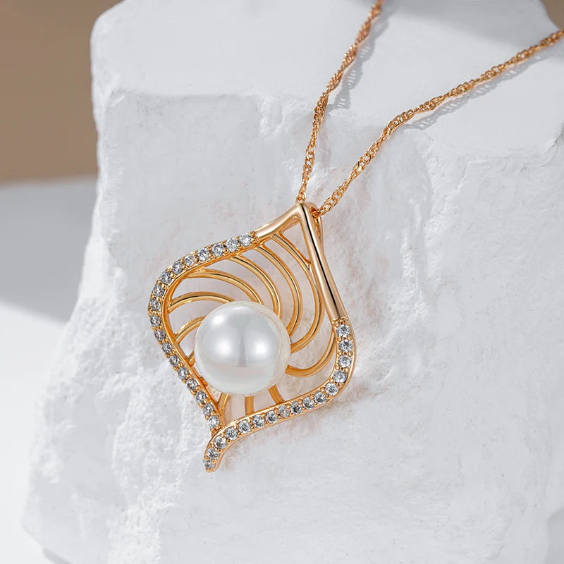 Colar Pingente Luxo Rose Gold Pérola e Zircão