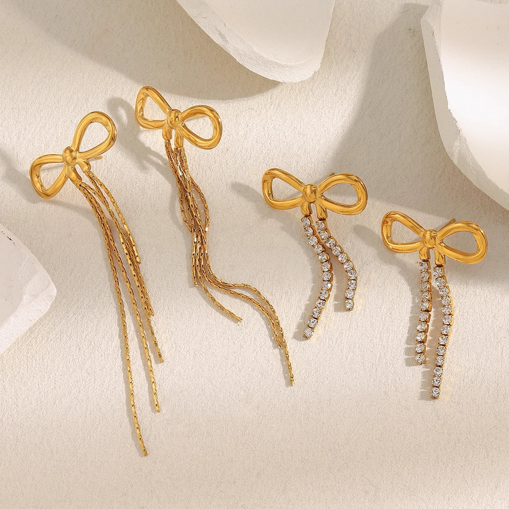Ebbelle PVD banhado a design exclusivo luxo zircão bowknot brincos de aço inoxidável feminino festa de casamento joias de orelha à prova d'água