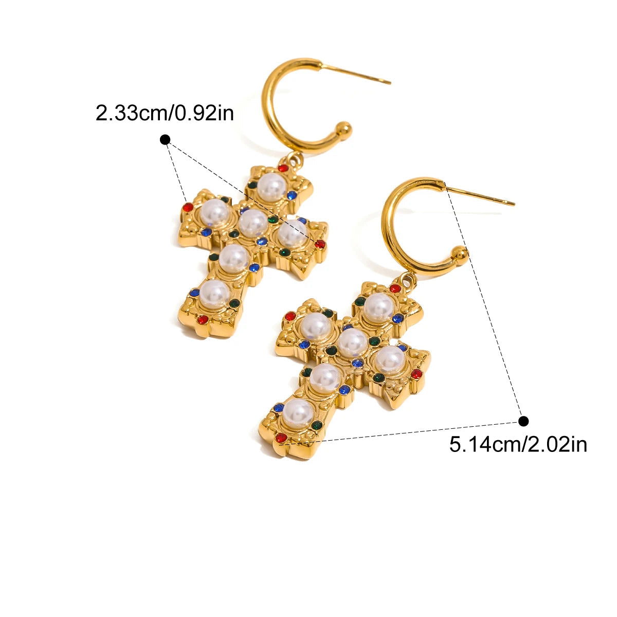 Brincos Cruz Zircão Colorido com Pérola em Ouro 18K