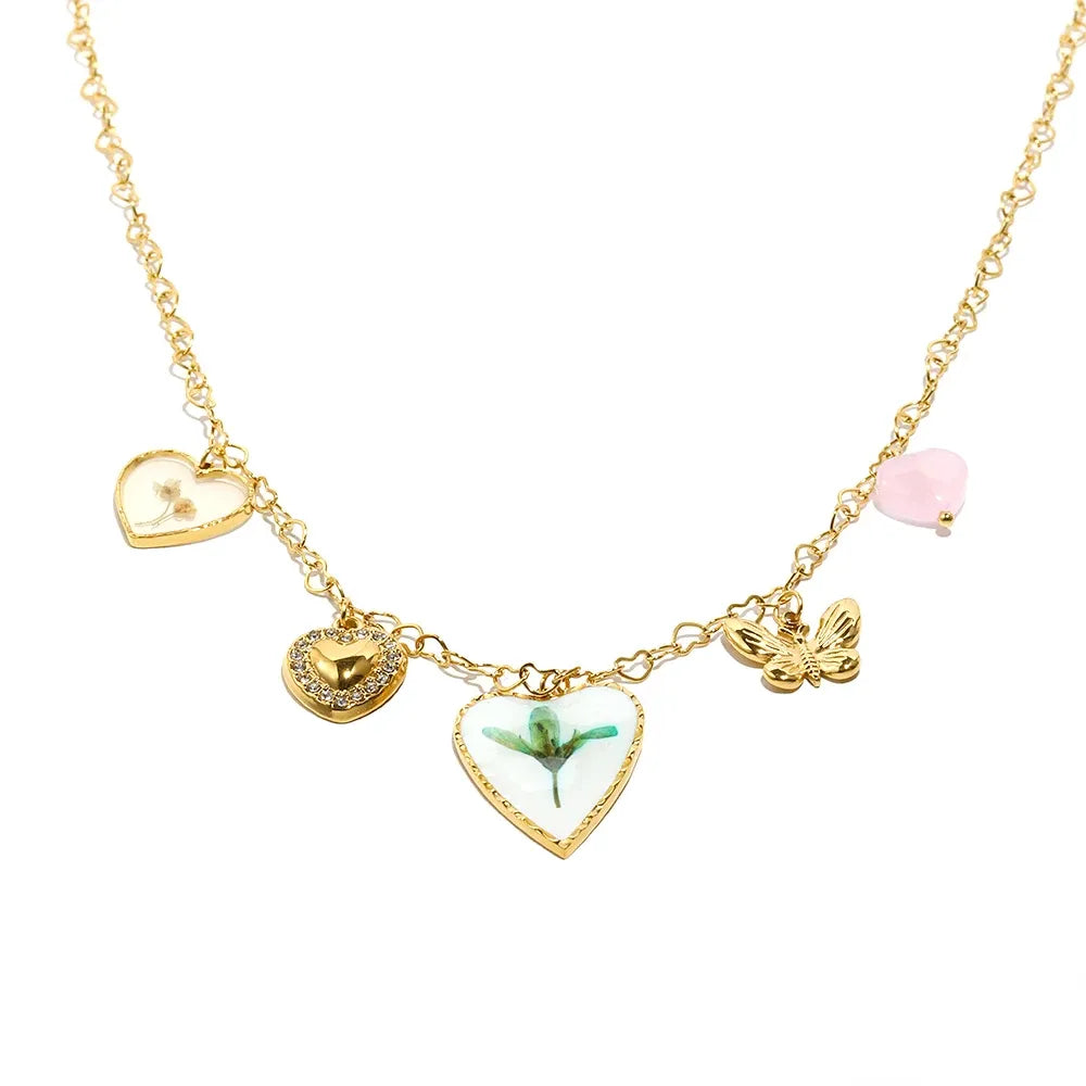 Colar Pingente de Coração e Borboleta em Aço Inoxidável