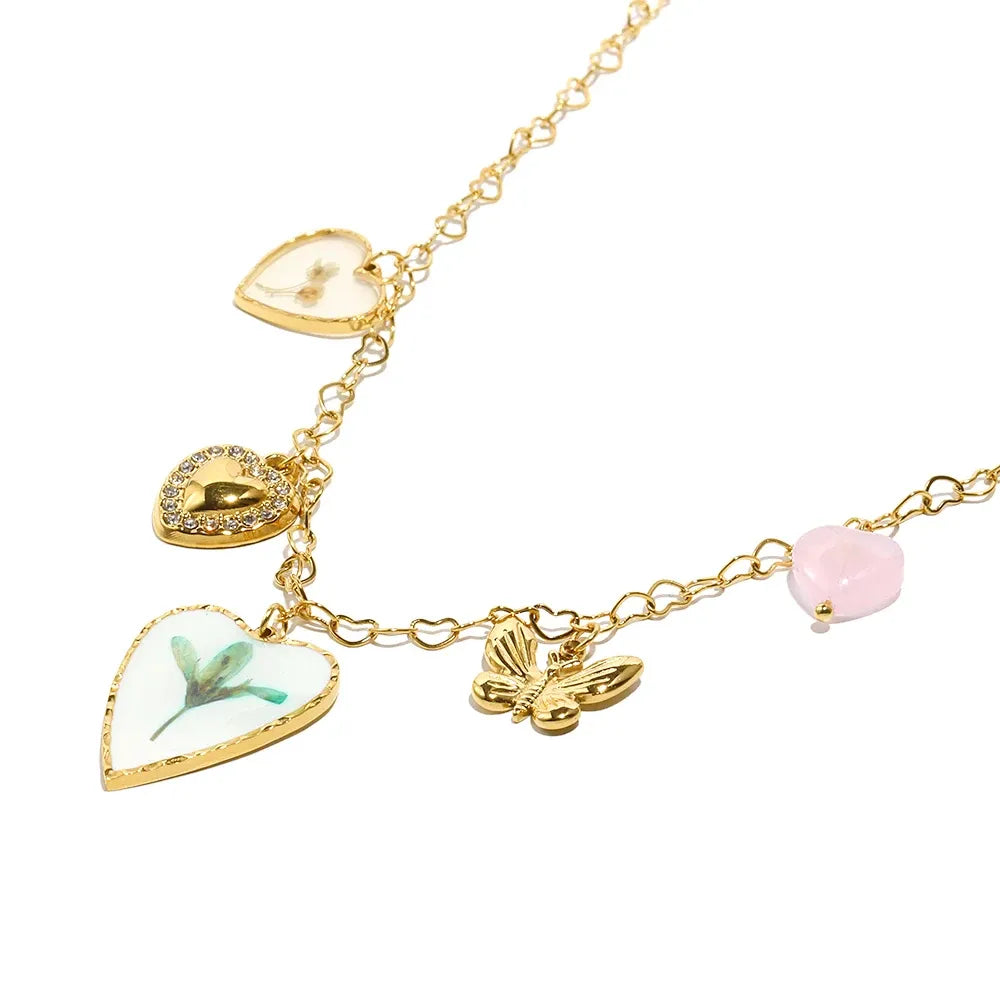 Colar Pingente de Coração e Borboleta em Aço Inoxidável