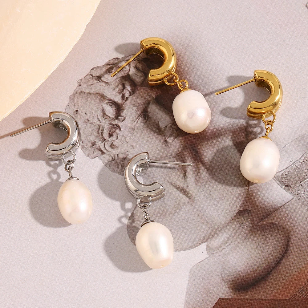 E.B.belle Minailst estilo brilhante em forma de C brincos de pérola banhados a PVD 316L aço inoxidável hipoalergênico festa feminina joias de orelha