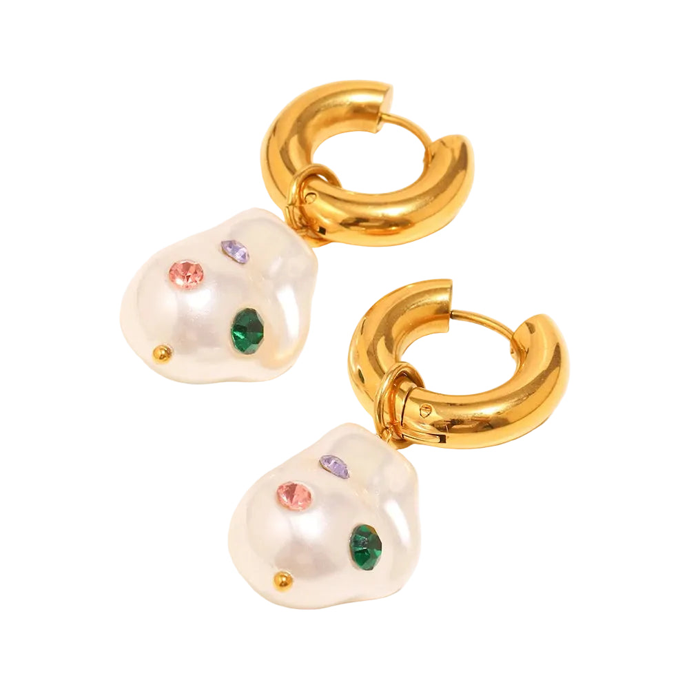 Eb,belle PVD banhado a aço inoxidável colorido strass imitação de pérola pingente brincos para festa estilo elegante joias femininas